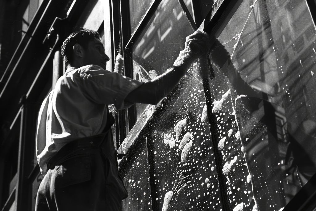 black white vintage portrait man doing housework household chores