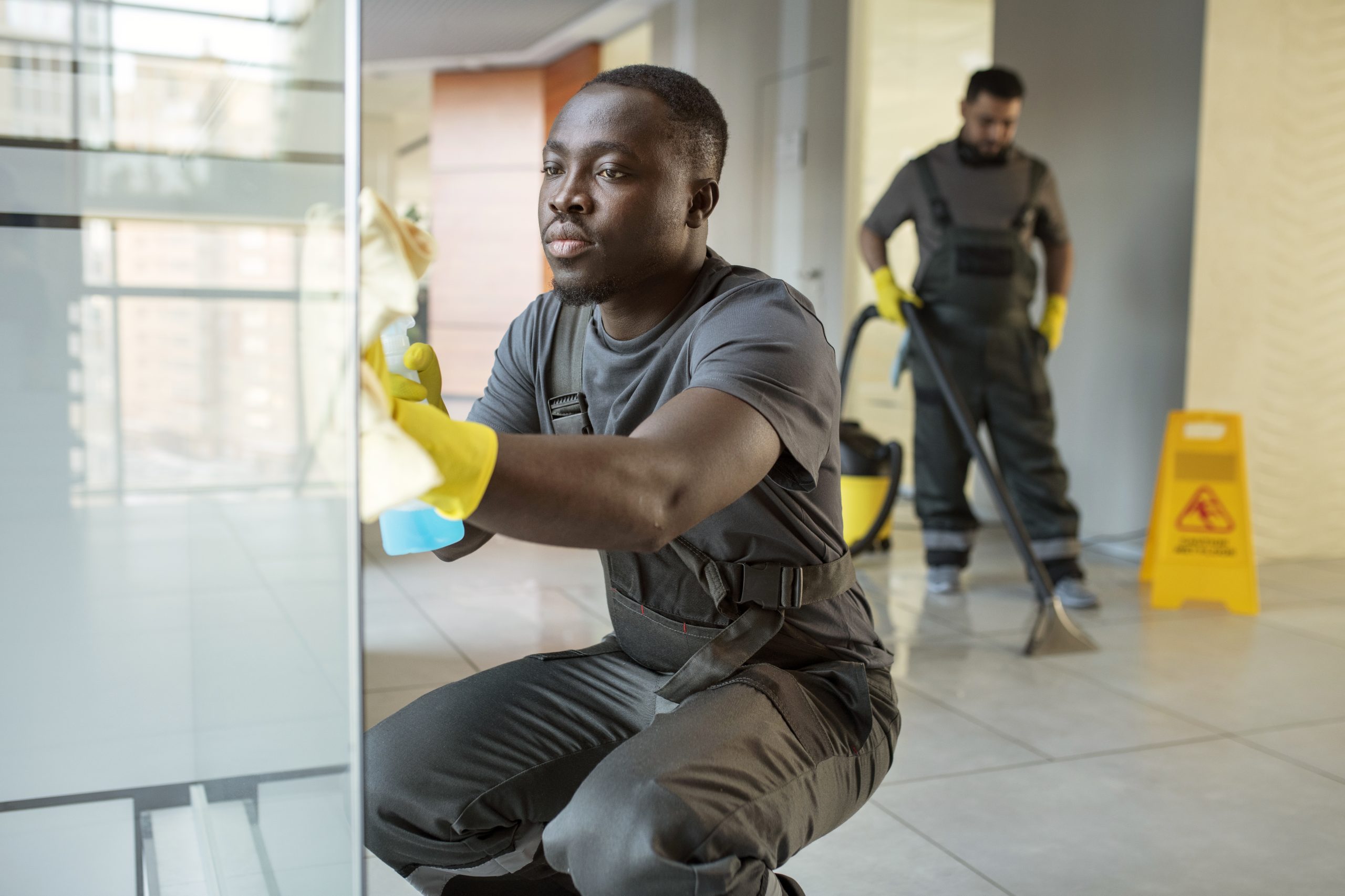 full shot men cleaning office