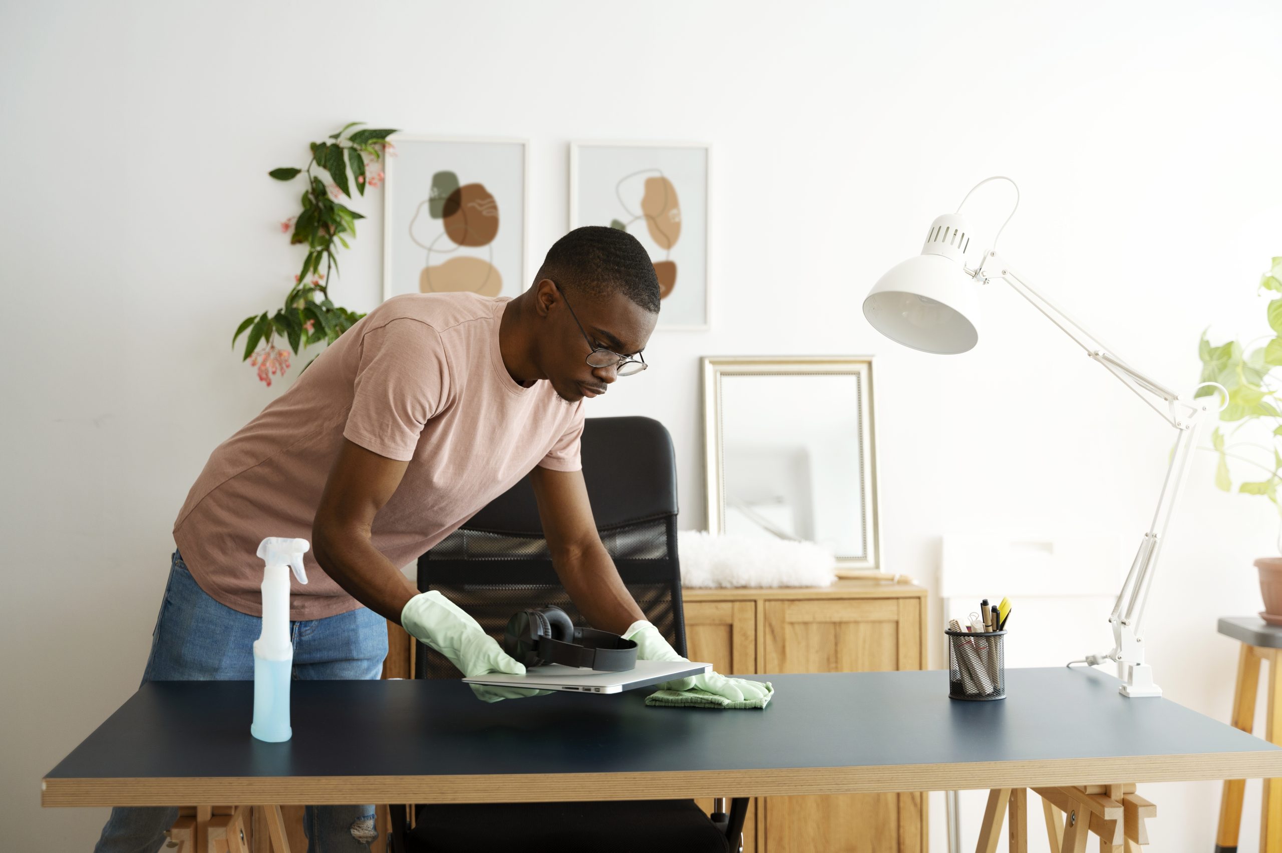 side view man cleaning table